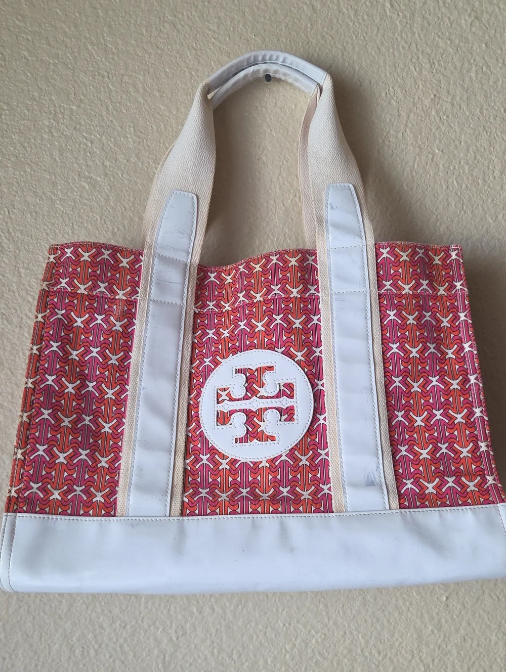 Tory Burch Coral Patterned Canvas Tote with White Trim